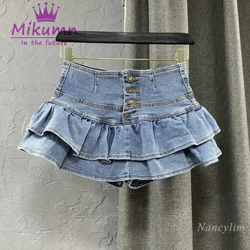 Harajuku High Waist Ruffles Cake Denim Skirt Woman