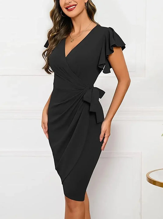 Sexy Summer Cocktail Dress - Faux Wrap Deep V Neck