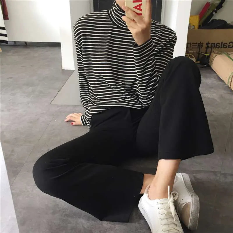 Womens Turtleneck Striped T Shirt Casual Basic Slim Tops Long Sleeves Tees Blouses