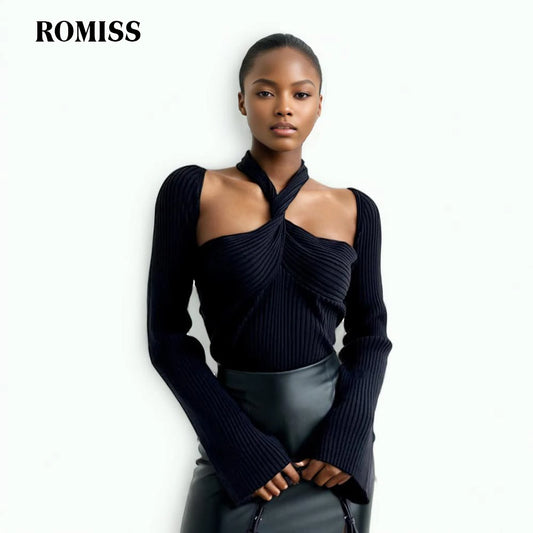 ROMISS Minimalist Slim Knitting Sweater For Women Halter Long Sleeve Crisscross Folds Solid Sexy Hollow Out Sweaters Female