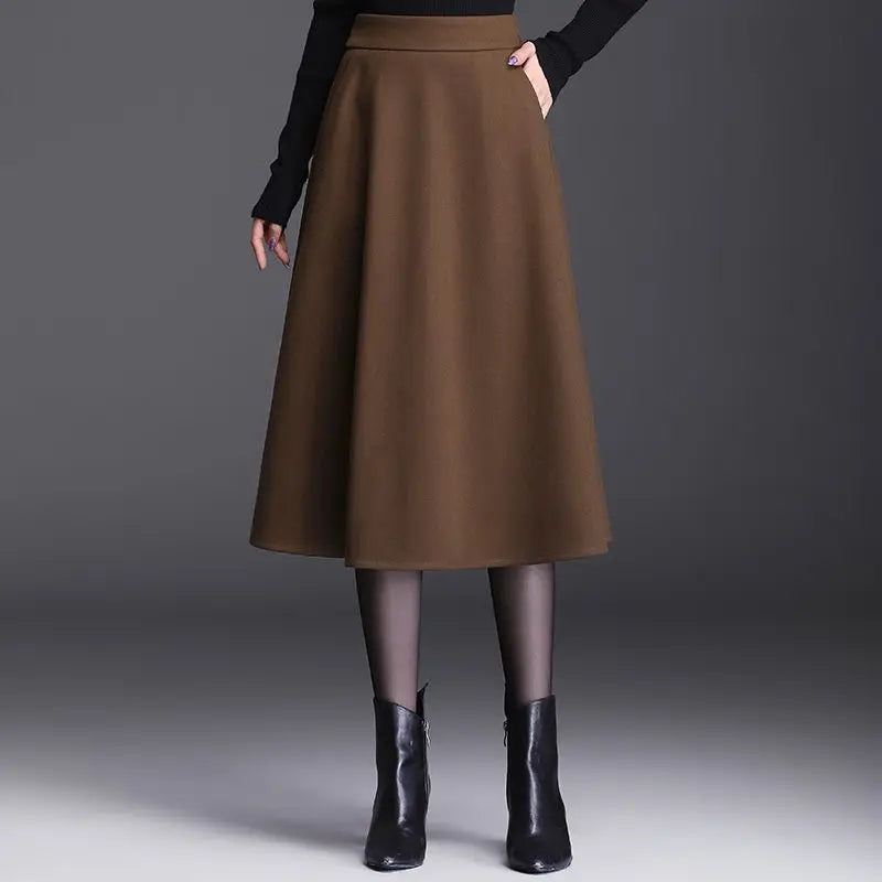 Woolen A-Line Skirt Mid Length Women's Fashion High Waist Pleated