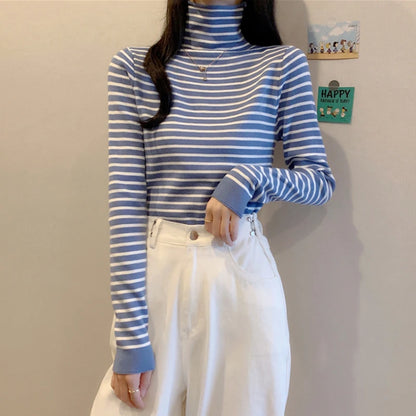 Women's Striped Turtleneck Sweater Autumn and Winter Knit Sweater 2023 Women's Long Sleeve Striped Sweater Turtleneck Sweater