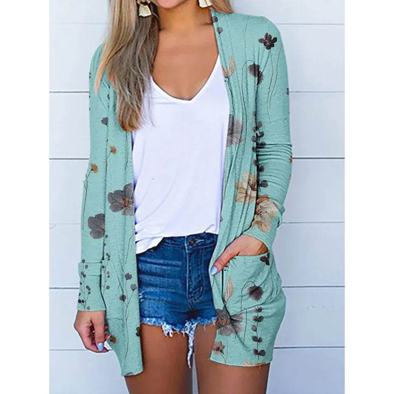 Women's Casual Loose Solid Colour Printed Sunscreen Ladies's Fashion Commuter Long Sleeve Cardigan