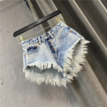 High Waist Single Breasted Women's Jeans Hot Pants Fringed