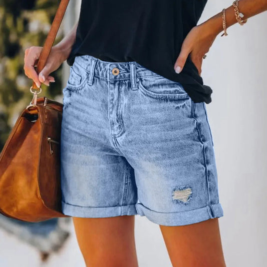 Women's Summer Jean Shorts Retro Hole Denim Casual Folding Edge