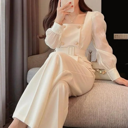 2 Pant Set White - Wide Leg Party Trousers Suits Blazer