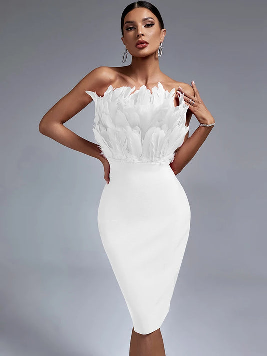 White Bandage Dress Feather Party Dress Bodycon Elegant Strapless