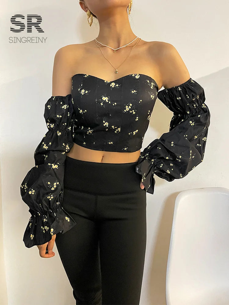 SINGREINY Korean Strapless Floral Blouse Elastic Ruched Slim Long Sleeve Tops Women Sexy Off Shoulder Short Blouser New Autumn