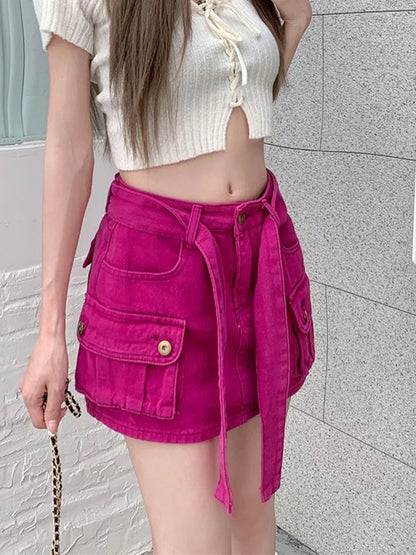 Safari Style Women's High-Waist Denim Skirt Rose-Red Streetwear