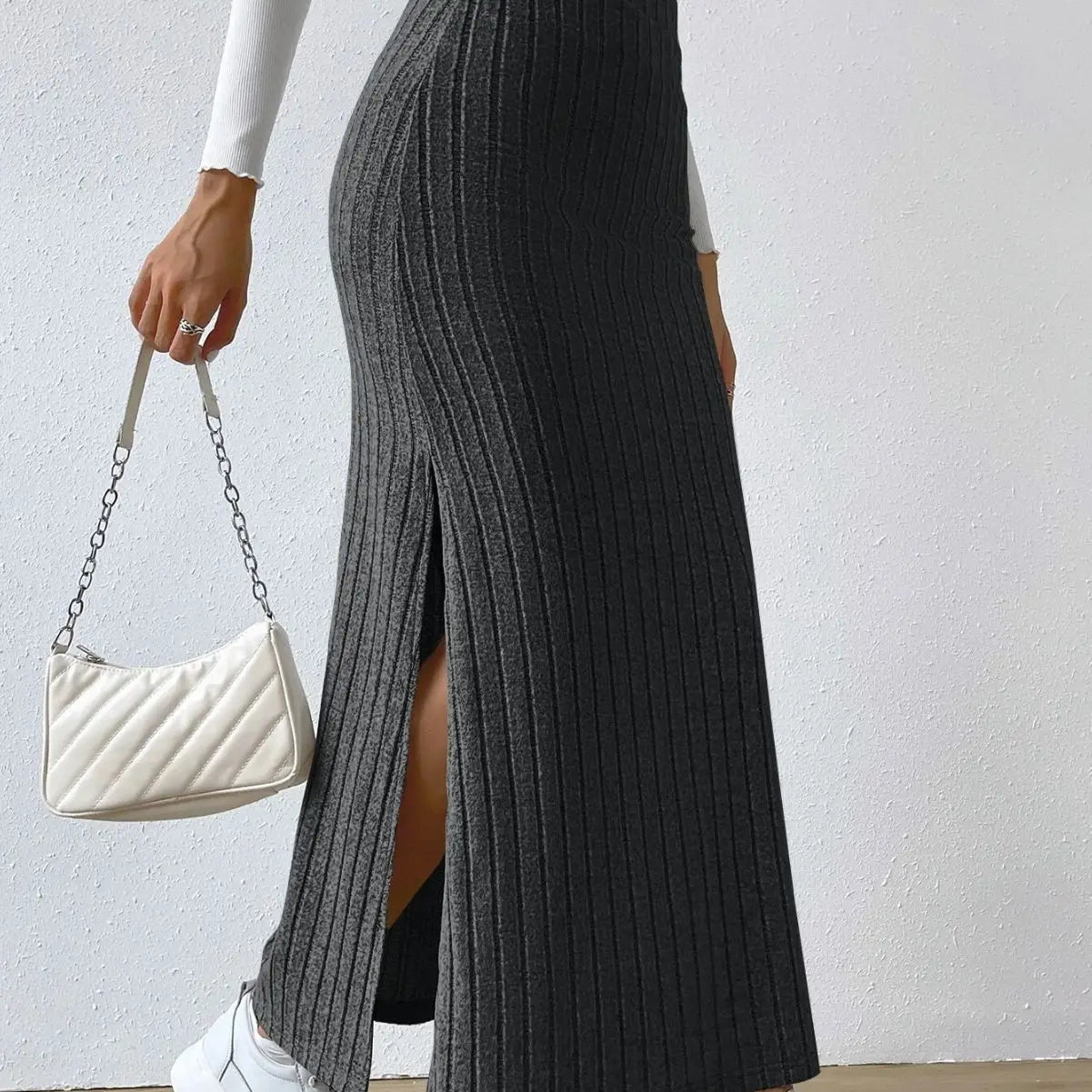 Spring Autumn Casual Women's High Waist Skirt Sexy Knitted Side Slit Elegant Office