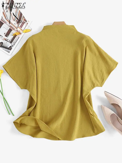 ZANZEA Causal Pure Cotton Blouse Summer Women Solid  Turtleneck Short Sleeve Back Zipper Blusas Elegant Holiday Tops Oversized