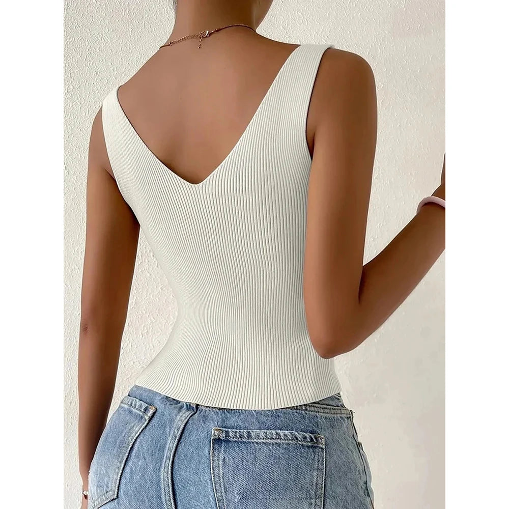 Aoaiiys Summer Crop Top Women Knitted Tops V-Neck Drawstring Lace Up Tank Top Y2k Girl Fashion Sleeveless Sexy Low Cut Vest New