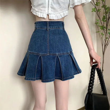 Vintage Blue Denim Pleated Skirt Women's Y2K High