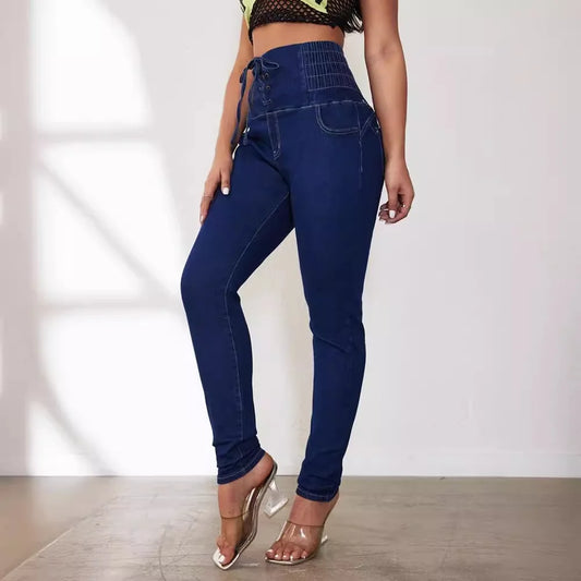 Skinny Women's Jeans Stretchy Drawstring High-Waisted Fashion