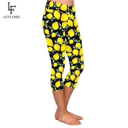 Summer New 3D Lemon Digital Printed Capri Leggings High Waist High Elastic