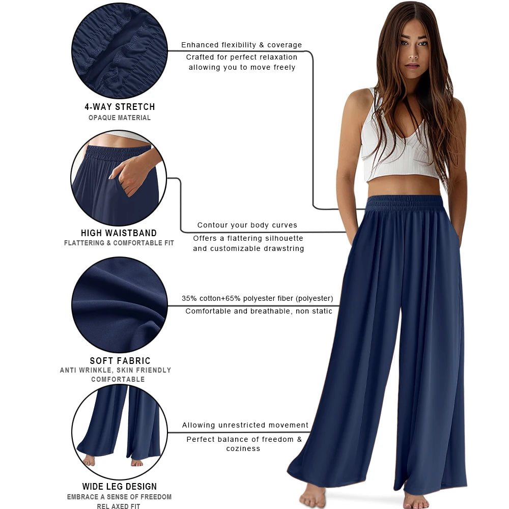 Spring Summer Women's Elastic High Waisted Wide Leg Pants Women's Solid Long