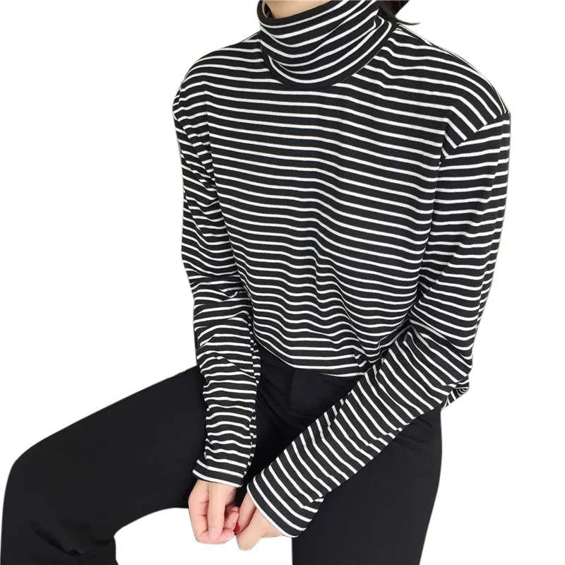 Womens Turtleneck Striped T Shirt Casual Basic Slim Tops Long Sleeves Tees Blouses