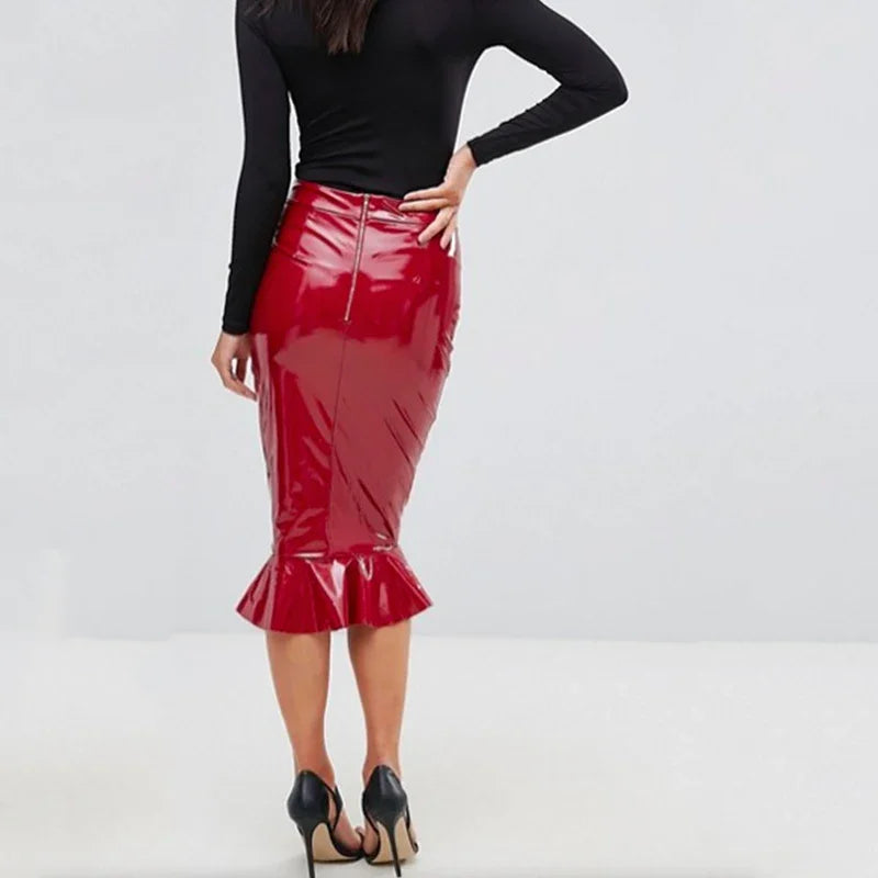 Faux Latex Hobble Skirts Women's Shiny Ruffles Midi