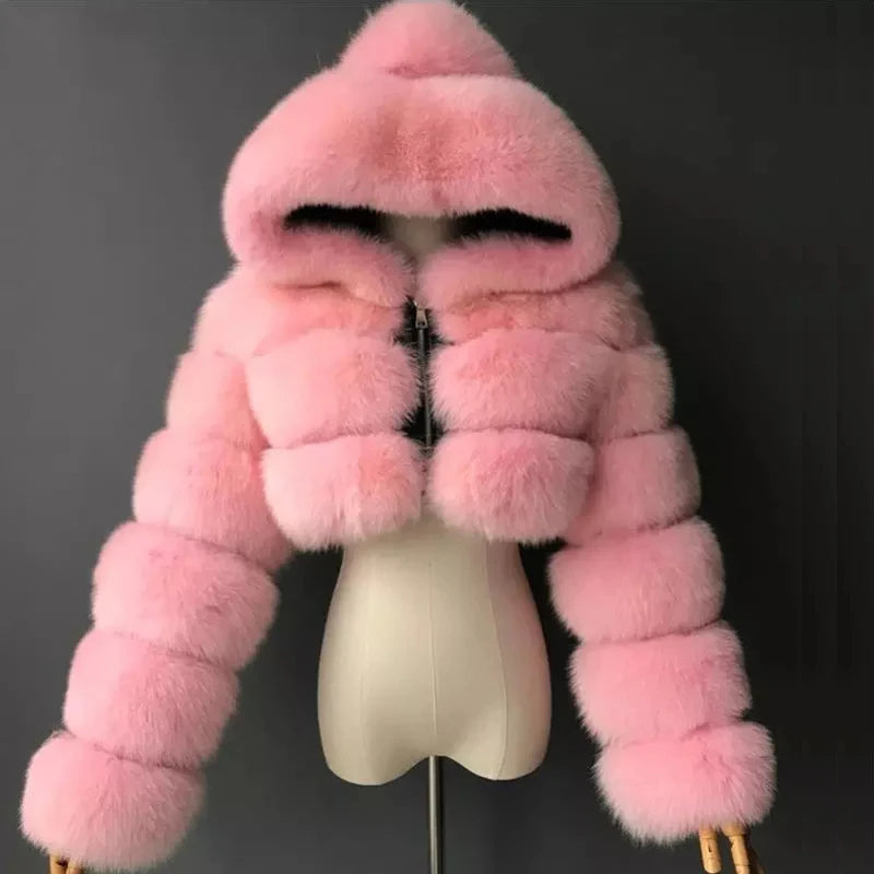 High Quality Furry Cropped Faux Fur Coat - Women’s Fluffy Top Jacket Thick Womenswear