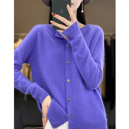 2024Spring and Autumn  New 100% pure merino cashmere sweater women's O-neck cardigan loose long-sleeved sweater top