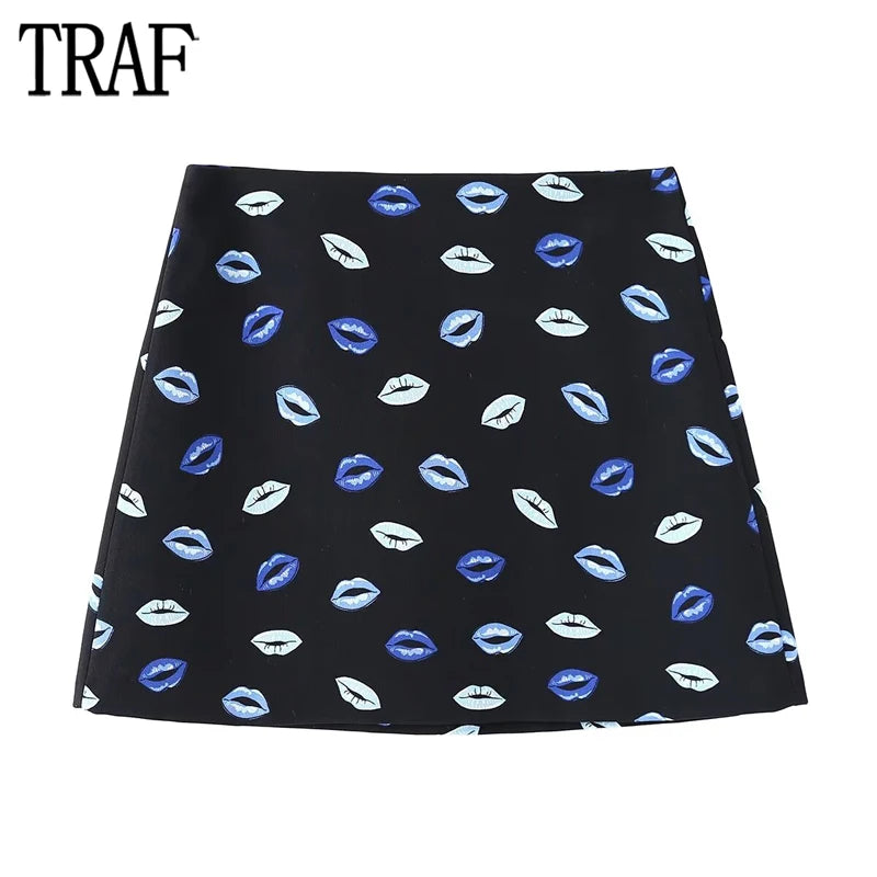 Traf Print Mini Skirts Women's High Waist Pleated