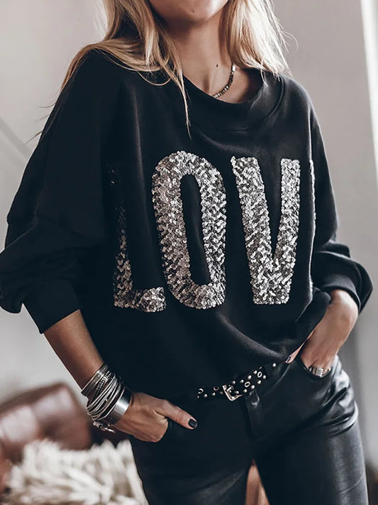 Women Round Neck Patchwork Sequins Blouse Female Casual Loose Fit Solid Pullovers Top Batwing Sleeve Elegant Clothes Blusa 2024