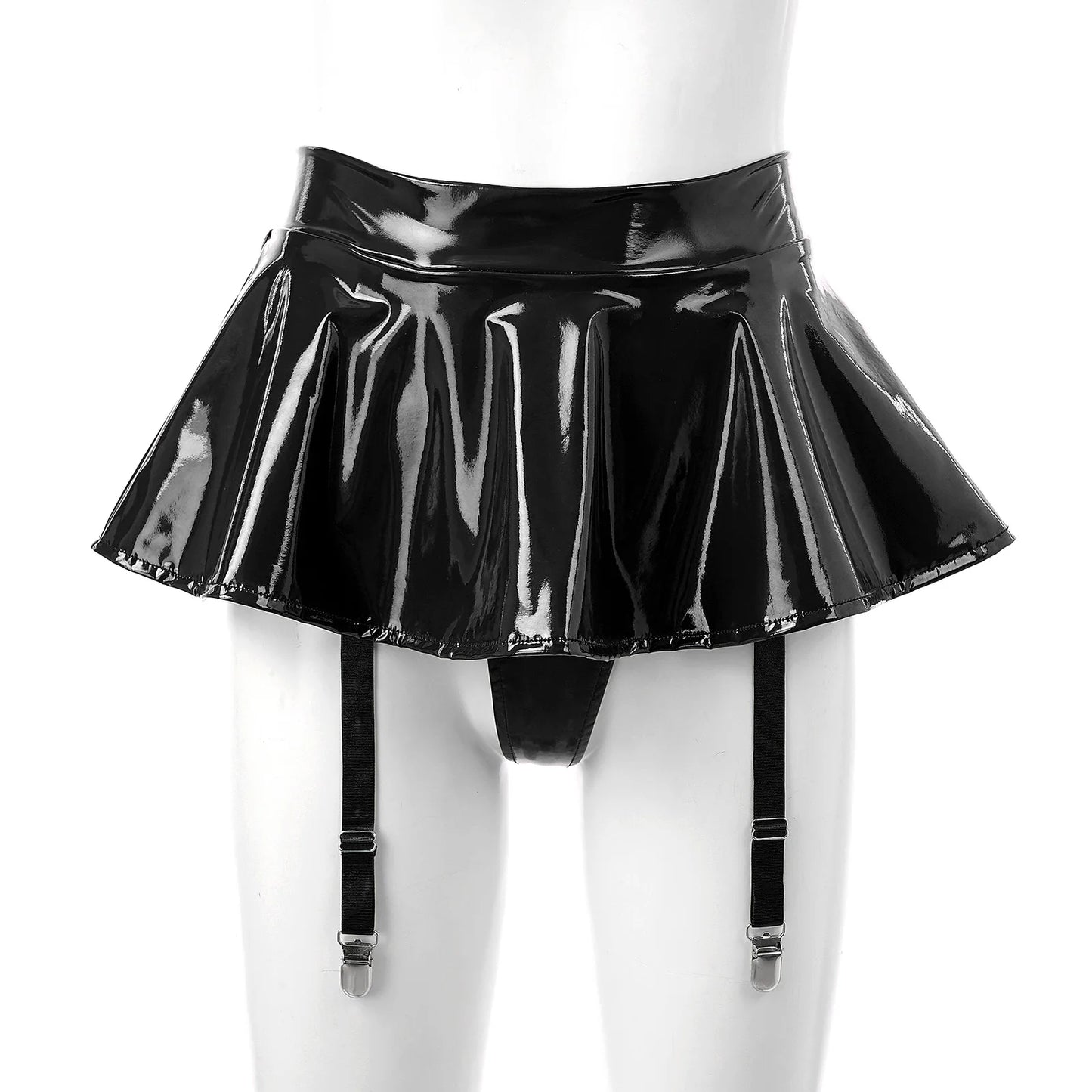 Women's Wet Look Patent Leather Ruffle Mini Skirt Built-In Thongs