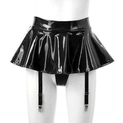 Women's Wet Look Patent Leather Ruffle Mini Skirt Built-In Thongs