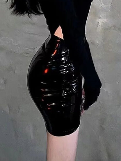 Women's Black Sexy Slim Shiny Pu Leather Pencil Skirt