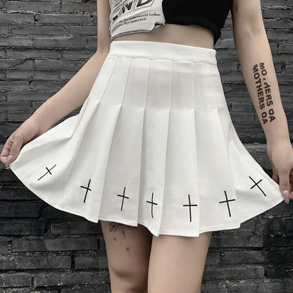 Waist Gothic Punk Mini Skirts Ladies Cross Pattern