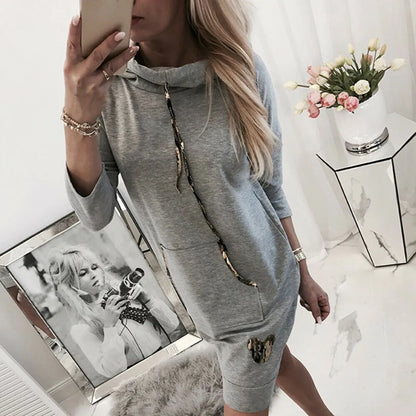 Women's Solid Color Hoodie Dress - Long Sleeve, Summer Beach Dress