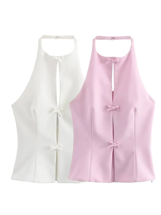 KAOPU ZA Women with bows cut-out open back halter top sexy o-neck side zipper female outerwear chic tops