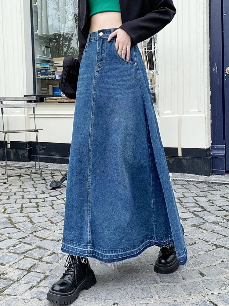 Zhisilao A-Line Long Denim Skirt Women's Vintage Casual Jeans