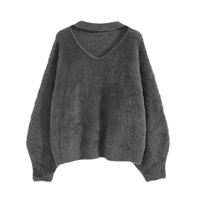 Women Sweater Hanging Neck Imitated Mink Fur Loose Soft Pullover  Autumn Winter Stay Warm Leisure Top Solid Color