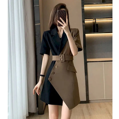 Summer Fashion Short Sleeve Blazer Dresses Women French Suit Mini Skirts Belt Dress