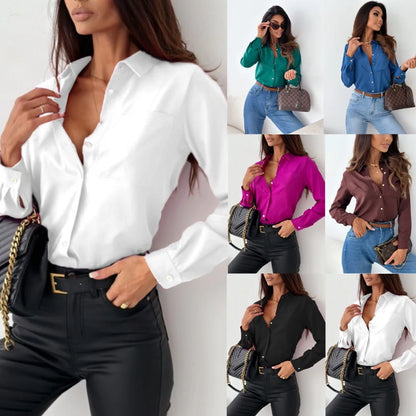 Elegant Lady Shirt Top Blouse2023 Autumn Simple Solid V-Neck Shirt Office Women's Wear