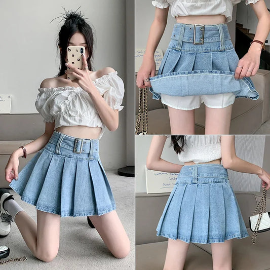 Spring Fashion Summer New High Waist Women's Denim Short Skirts With Belted Jeans