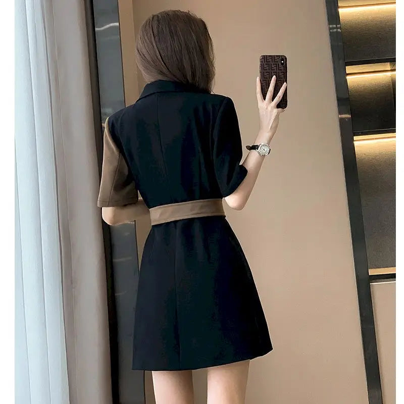 Summer Fashion Short Sleeve Blazer Dresses Women French Suit Mini Skirts Belt Dress