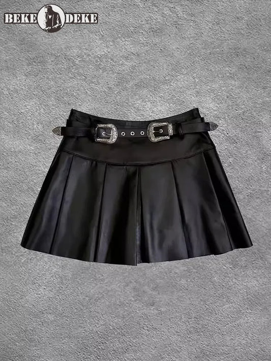 Women's Leather Pleated Skirt Belted High Waist Mini Skirt