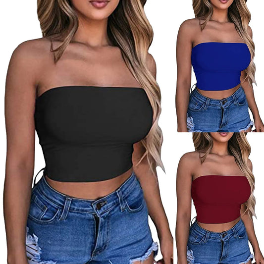 Plus Size Tube Tops Women Sexy Strapless Off Shoulder Crop Top Solid Color Stretchy Bandeau Seamless Breast Wrap No-Padded Bra