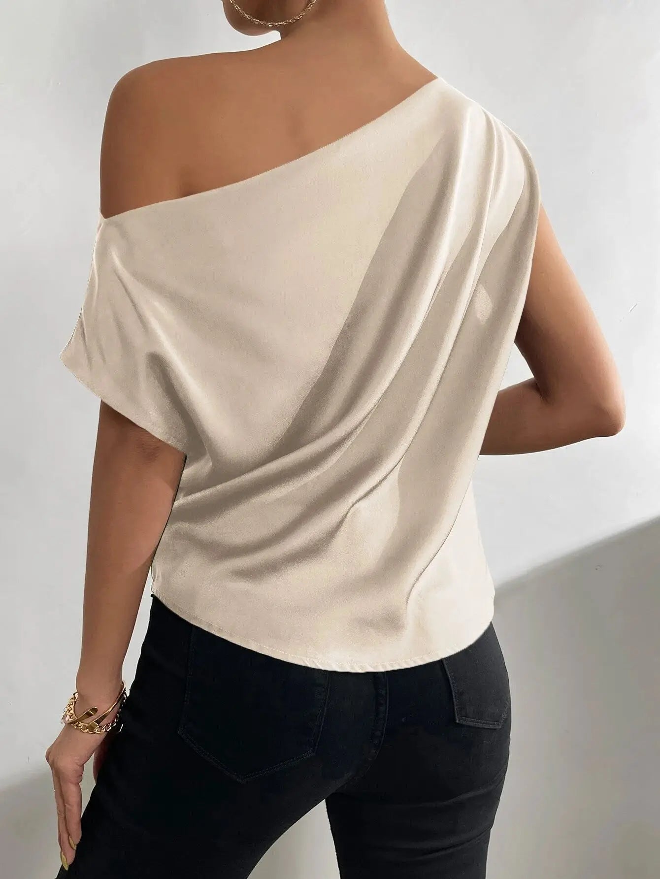 Women's Sexy Blouse Summer Fashion Versatile Slant Neck Fold Single Shoulder Asymmetric Tank Top Женские Рубашки Tee Shirt Femme