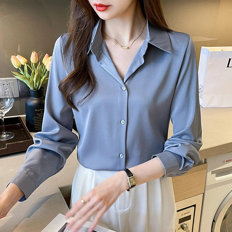 Fashion elegant satin shirts solid color ladies shirts causal Women's Blouses Spring Long Sleeve Shirts Tops Blusas Mujer