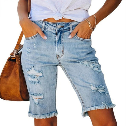 Ripped Jeans Summer Street Tassel Elastic Skinny Mid Waist