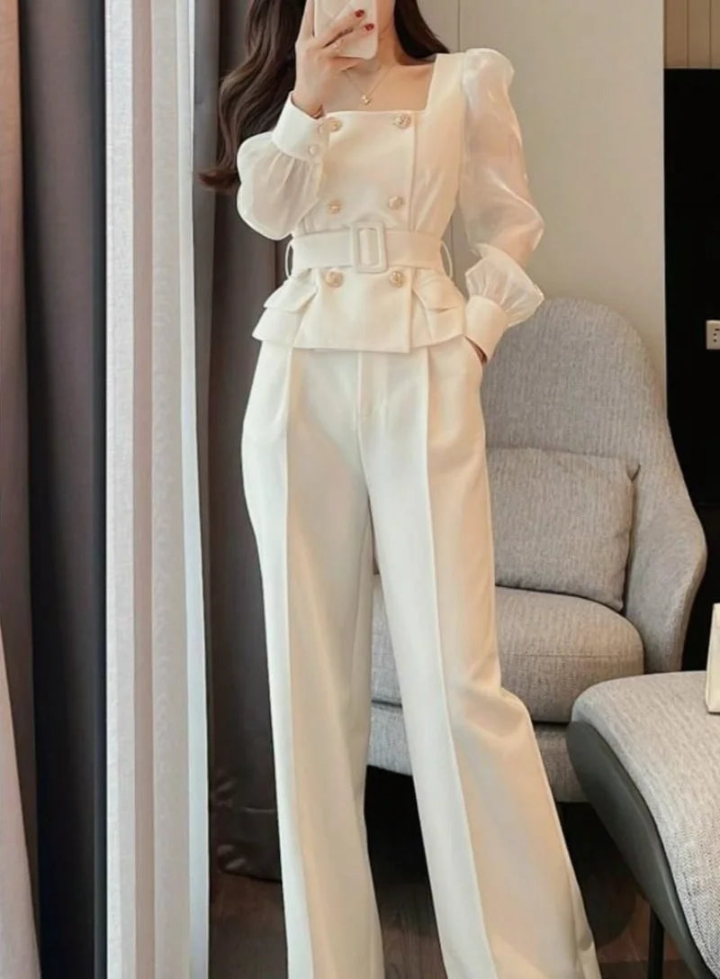 2 Pant Set White - Wide Leg Party Trousers Suits Blazer