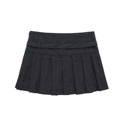 Women's Fashion Autumn Box Pleat Skort Vintage Belt Mini Skirt