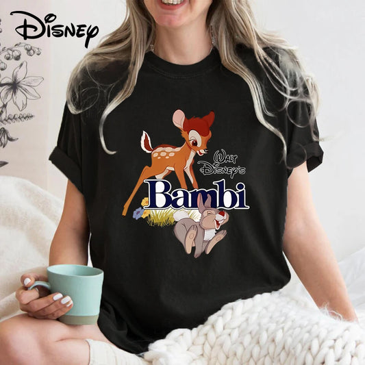 Disney 2024 Anime Cute Bambi Print Loose T Shirt Women Summer Shirt Cartoon Pullover Top Clothing