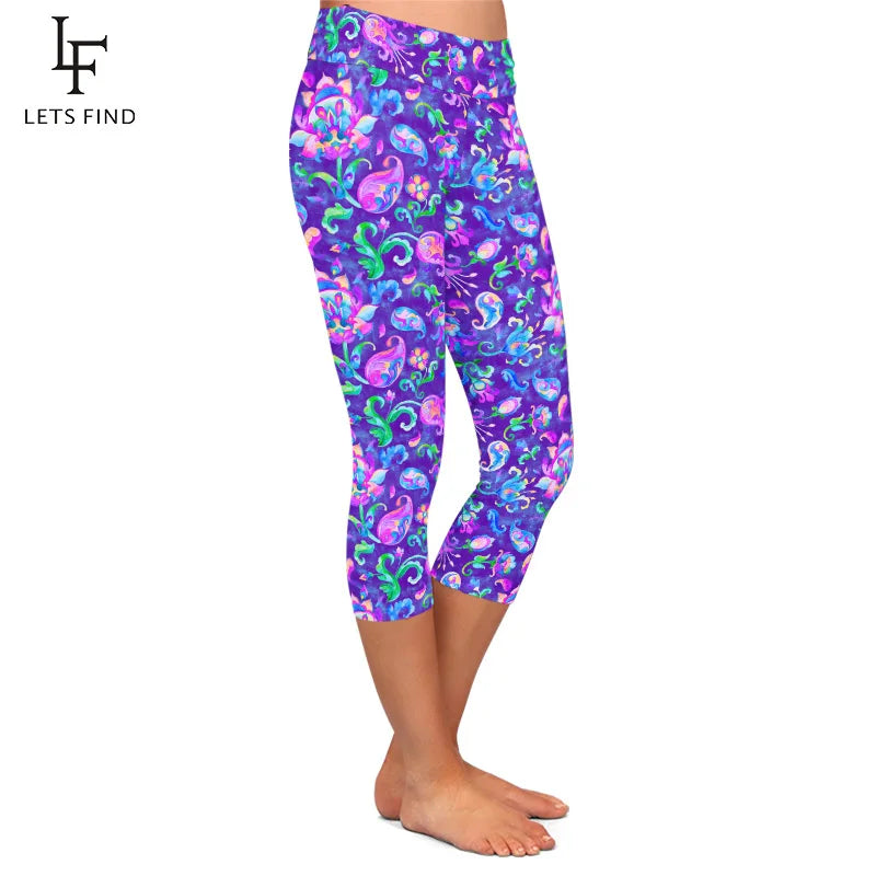 Fashion Paisley Watercolor Floral Print Capri High Waist Leggings