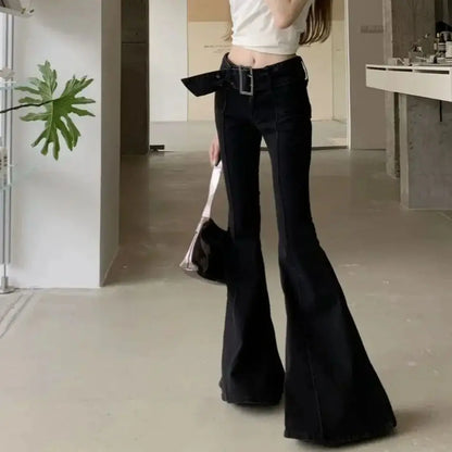 Flare Jeans Low Waist Bandage Bottoms Slim Women's Black