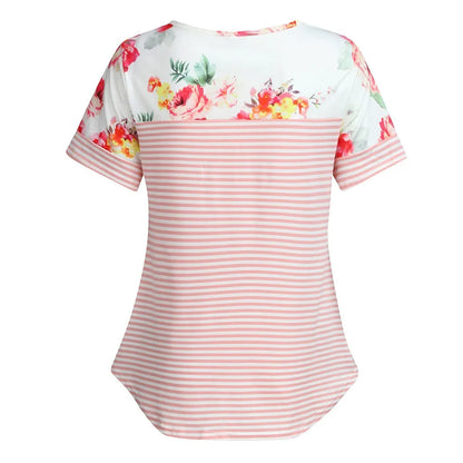 Maternity Nursing Blouses - Floral Stripe Short Sleeve Nursing T-Shirt