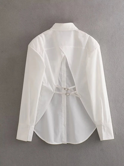 Vintage Women Stylish Backless Shirts 2023 Fashion Ladies Casual Long Sleeve White Shirt Streetwear Female Chic Tops Loose